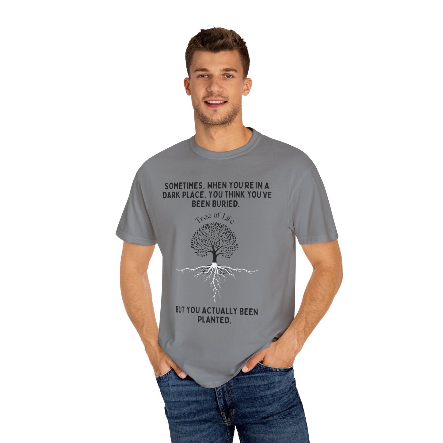 THE TREE OF LIFE Black Letters Unisex Garment-Dyed T-shirt